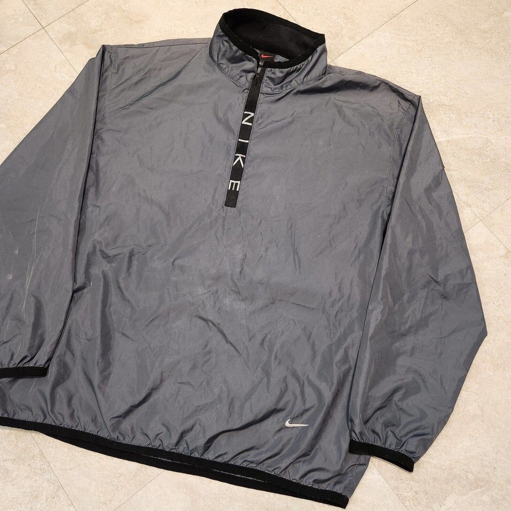 VTG 90s NIKE Mens L Large Center Spellout Swoosh Gray Windbreaker Jacket Zip‎